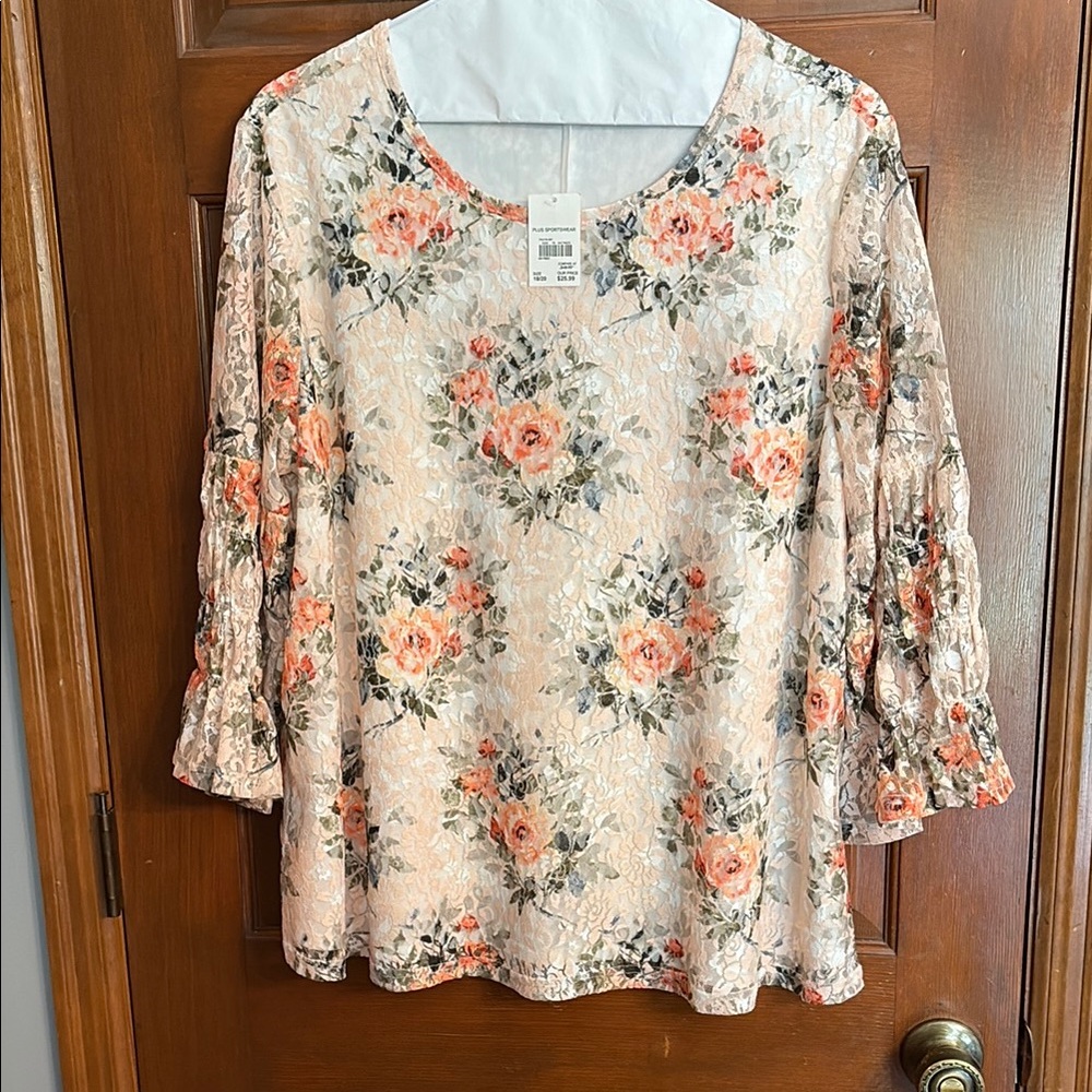 Cato Orange Floral Bell Sleeve Ruched Blouse